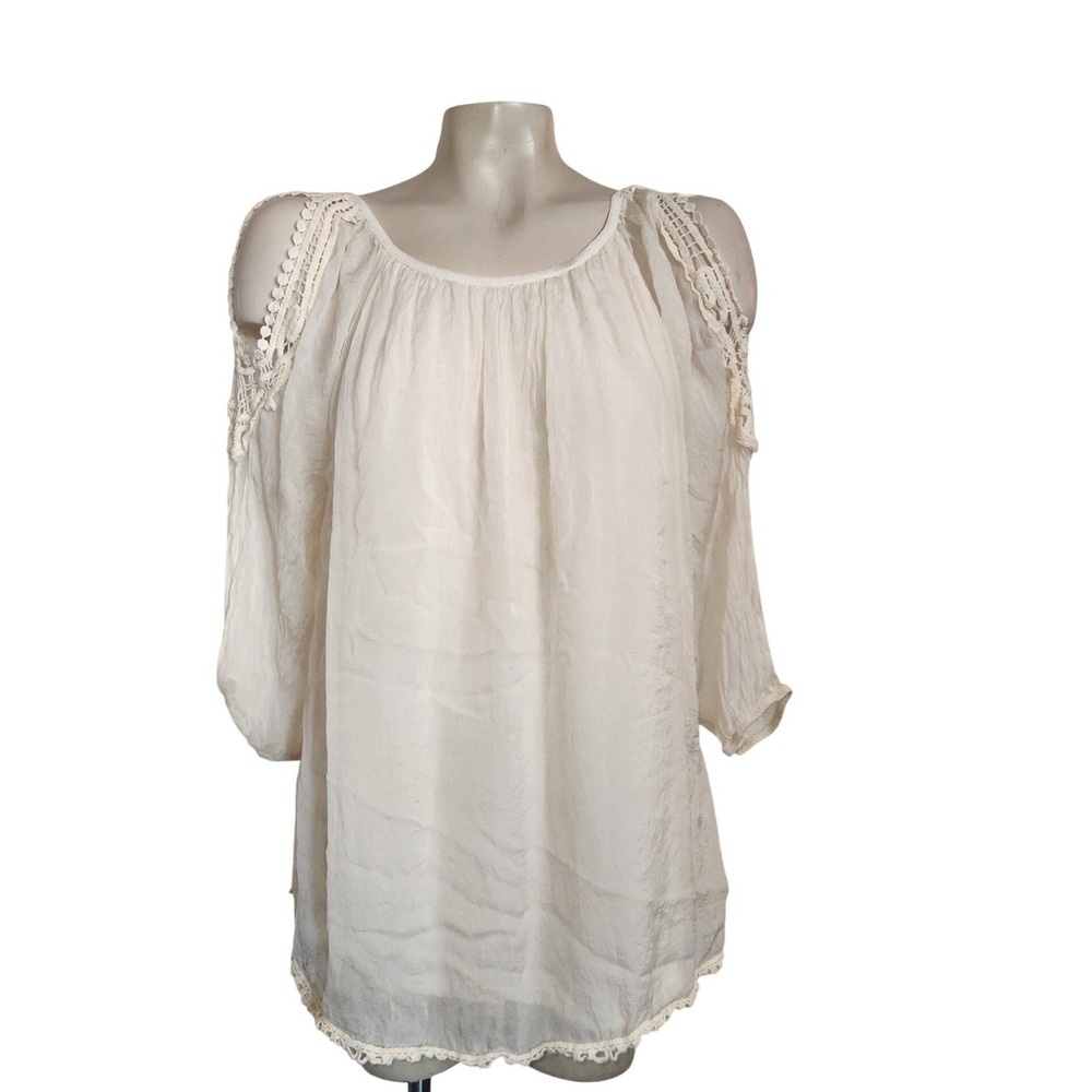 Bellambra Ivory 100% Silk‎ Cold Shoulder Crochet Lace Blouse Made in Italy M